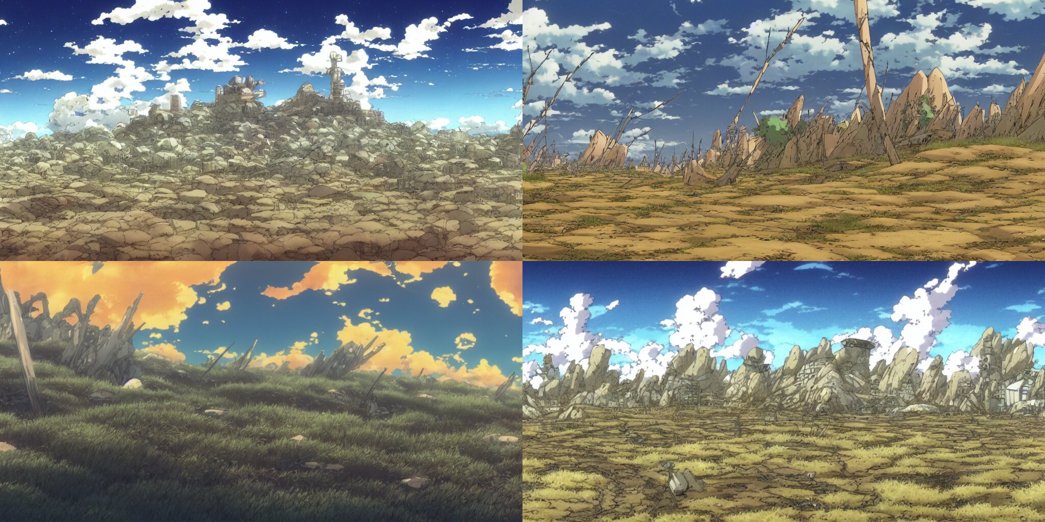 image of 4 anime battle backgrounds fitting a JRPG